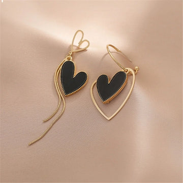 Korean Asymmetric Black Heart Drop Earrings